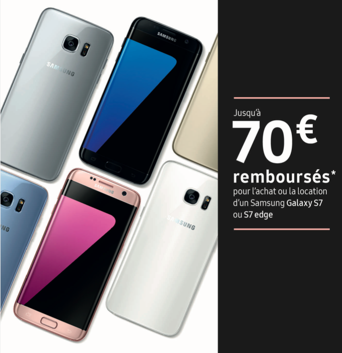 Obtenez jusqu'à 70€ de remboursement sur un Samsung Galaxy S7.